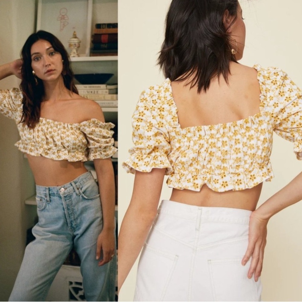 LPA XXS LPA Cropped Peasant Top With Puff Sleeves, eyelet white and yell…